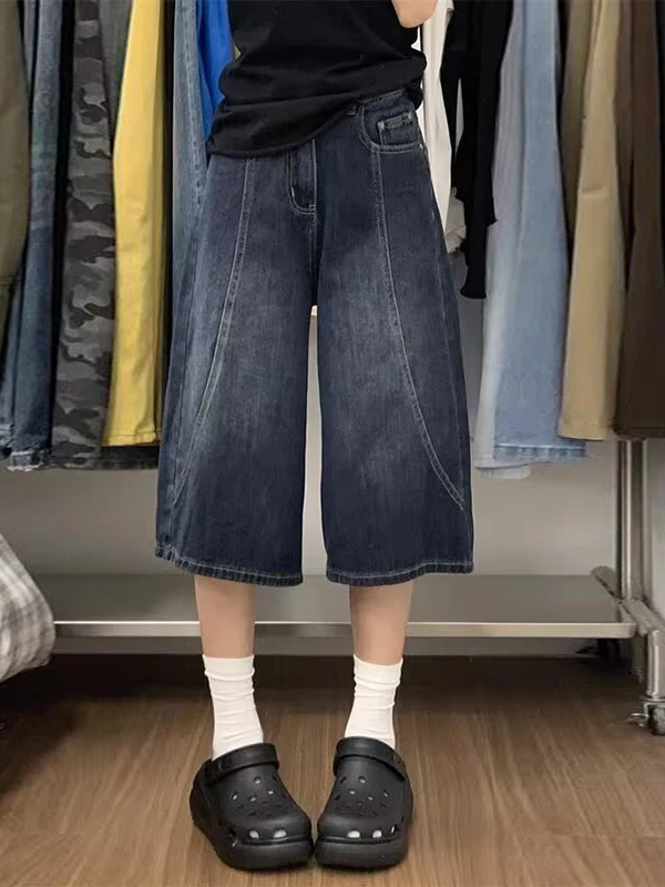 

High Waist Wide Leg Seven Inch Jeans Retro Pressed Line Denim Shorts Women's Summer Thin Loose Straight Cut Trousers
