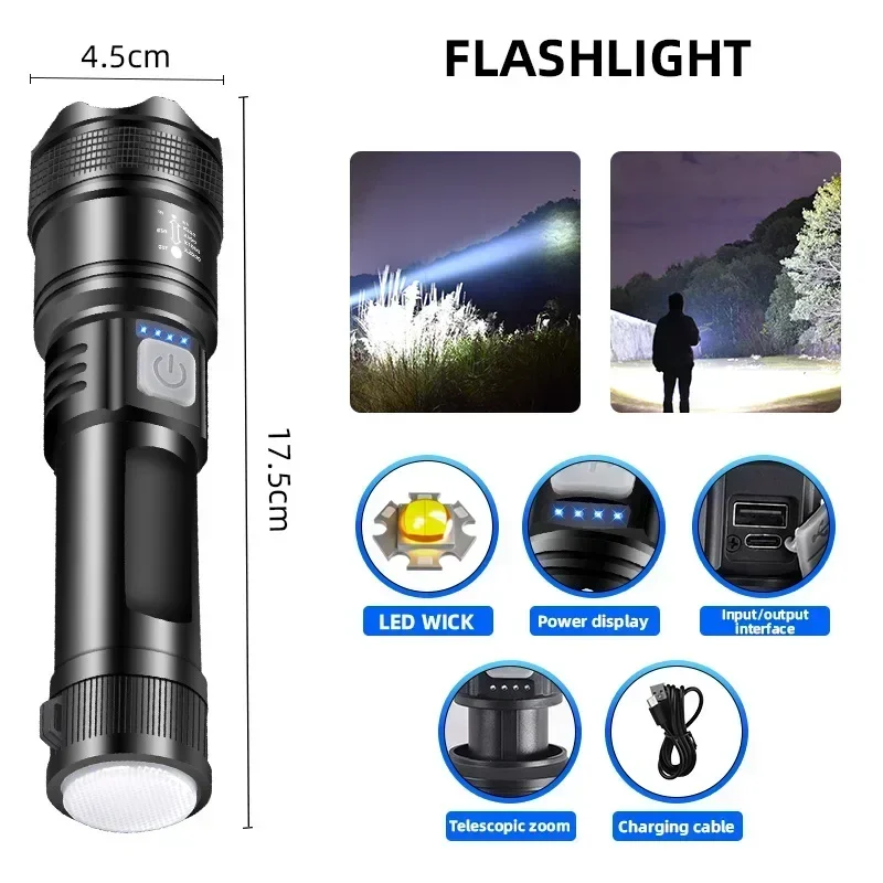 Super Bright Flashlight Built-in Battery Rechargeable LED Flashlights High Power Tactical zoom Torch Lamp for Camping Lantern