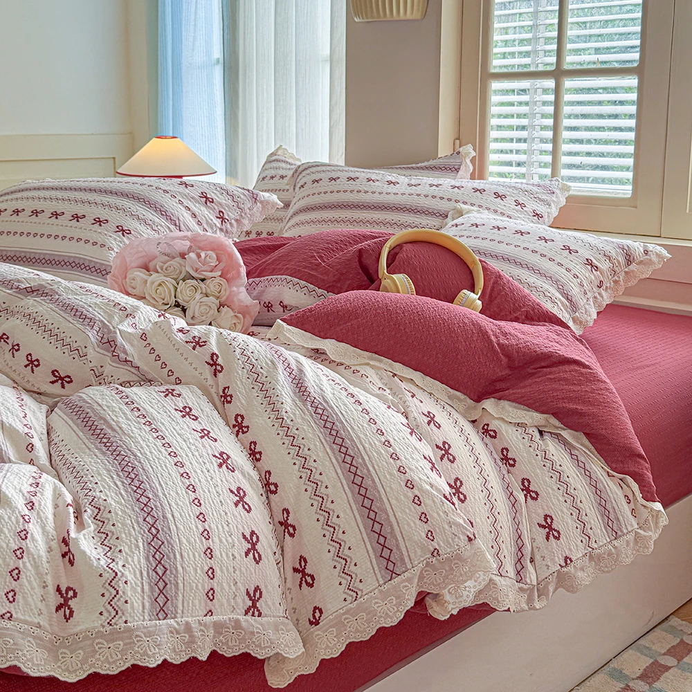 Duvet Cover Bedding Set Twin Full Queen King Size 135x200 Quilt Cover 240x220 Double Single Korean Bow Lace Bed Linen 200x200
