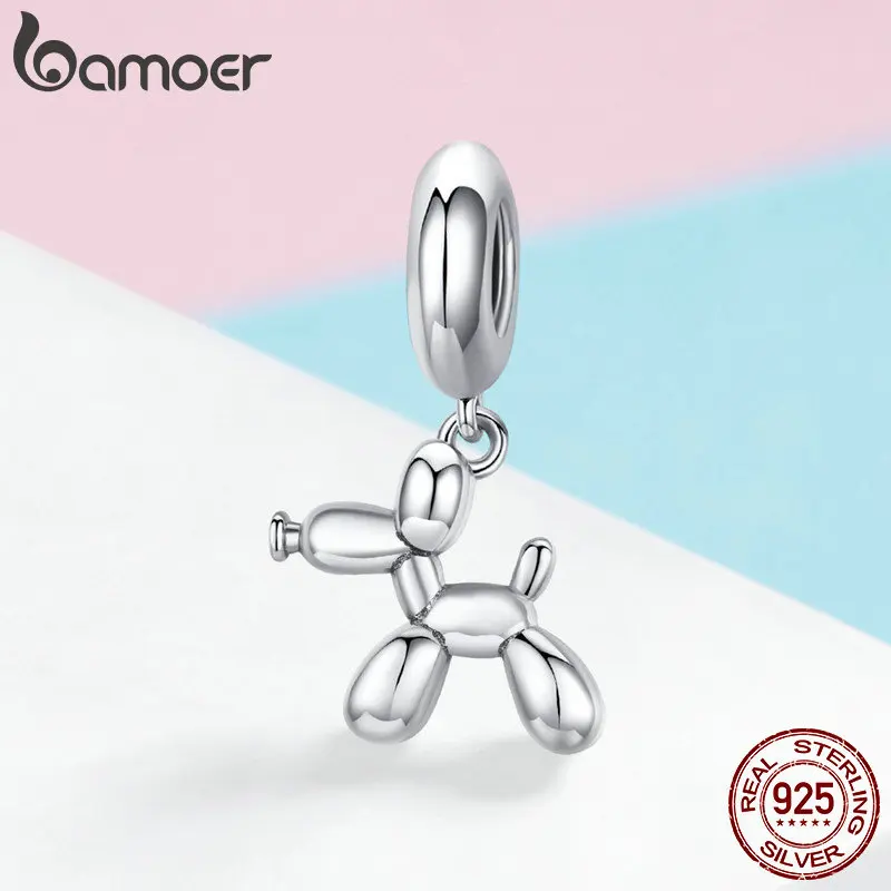 BAMOER Genuine 925 Sterling Silver Balloon Dog Pendant Animal Charms Fit for Charm Bracelets & Necklace Silver Jewelry SCC981