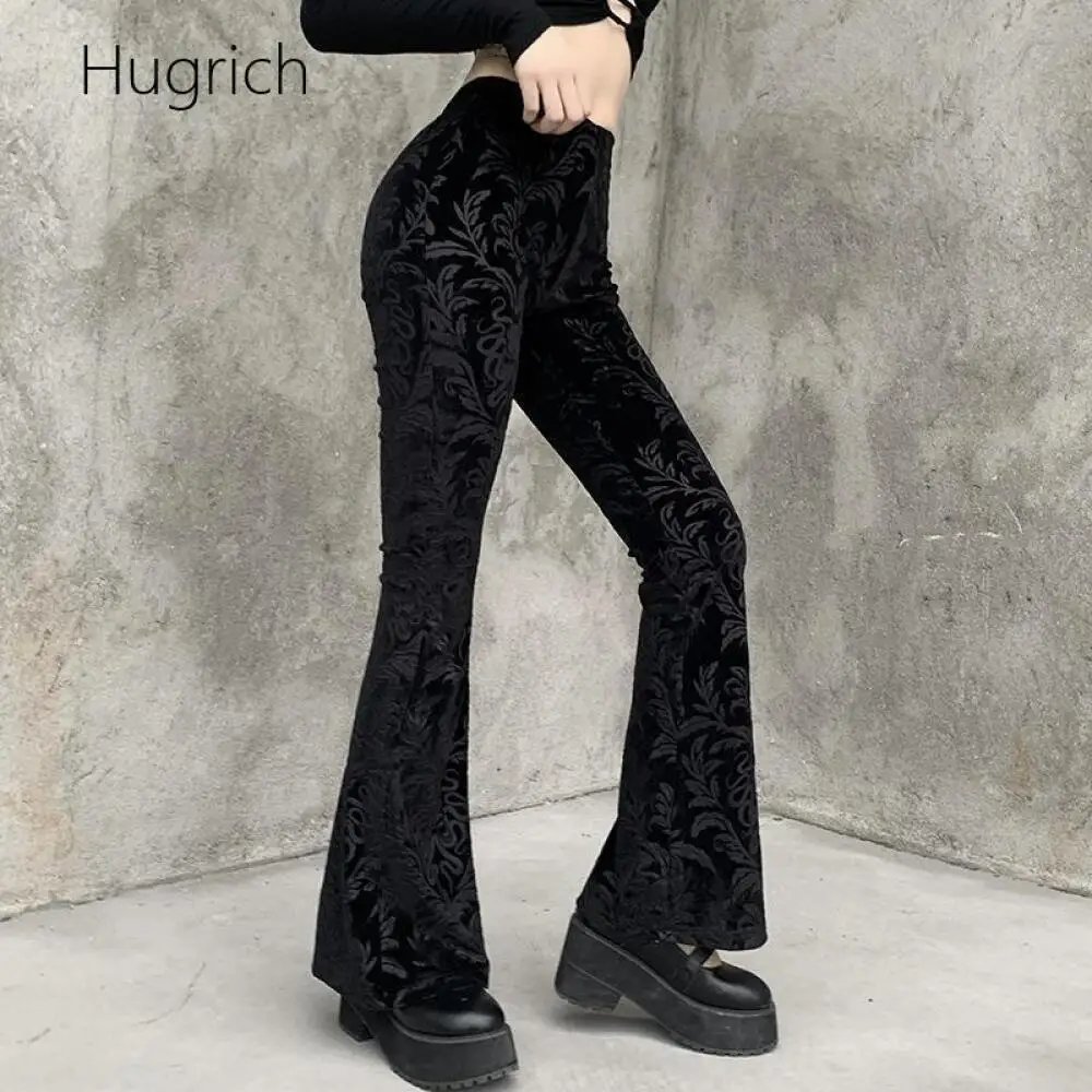 Halloween Gothic Costume Pants Women Hughrich High Waist Velvet Flocked Skull Print Slim Flare Bell Bottom Trousers