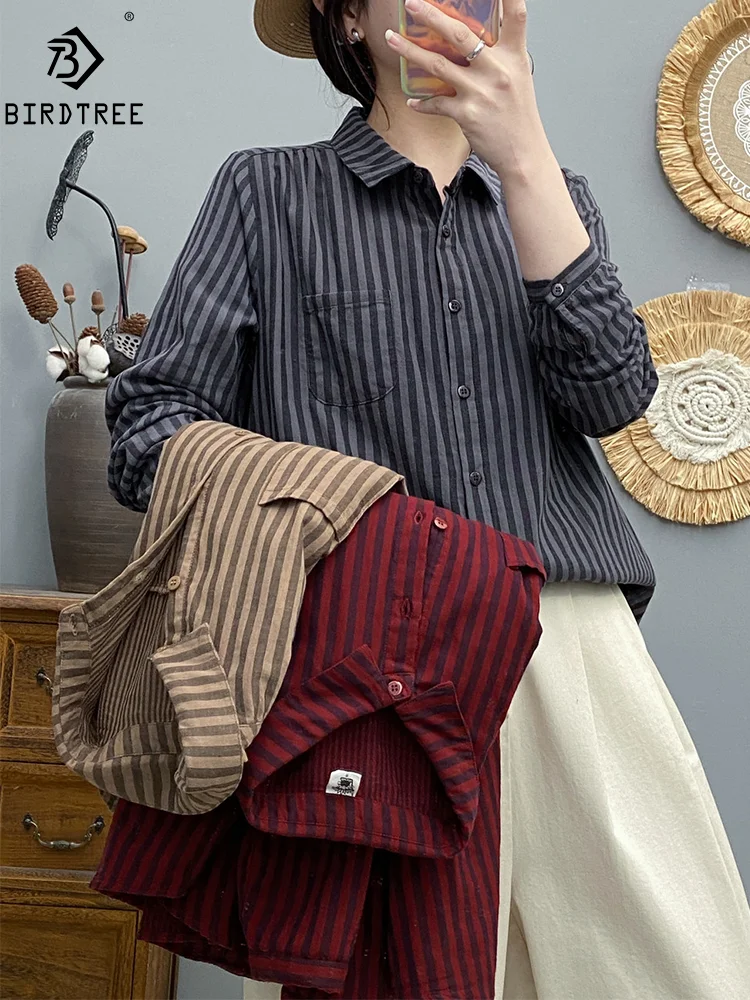 New Summer Cotton Yarn Long Sleeve Shirts, Women Polo Collar Stripe Tops, Mori Girl Casual Loose Blouses, 2024 Autumn T48418QM