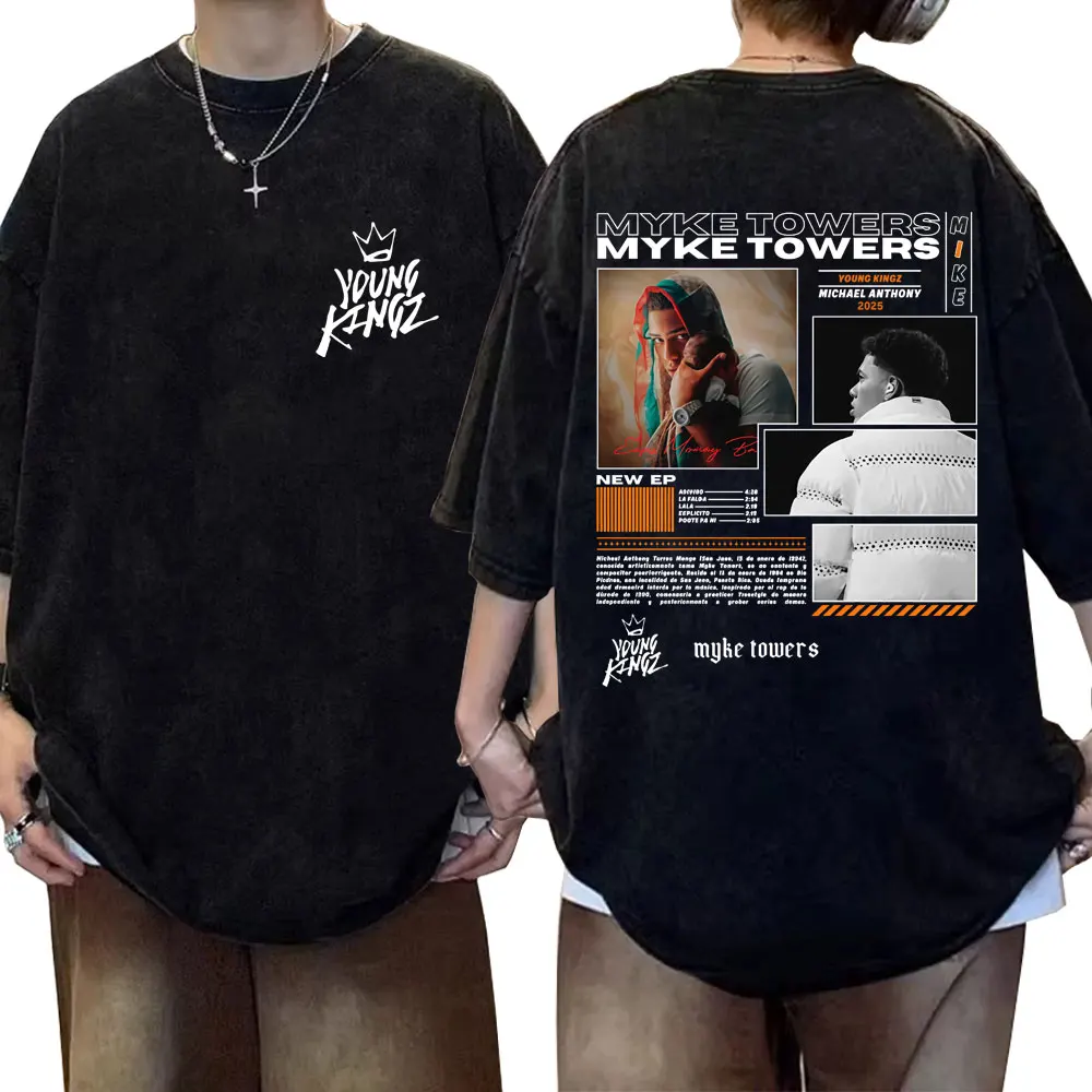 

Rapper Myke Towers Washed Vintage T-shirt Summer Men Women Hip Hop Fashion Street Crewneck T Shirt Men's Casual Cotton T-shirts