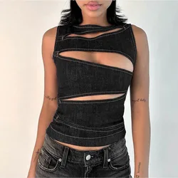 Chaleco sin mangas con cuello redondo para mujer, chaleco ajustado calado de Color sólido, ropa de calle sexi a la moda, Top ajustado para mujer 2024