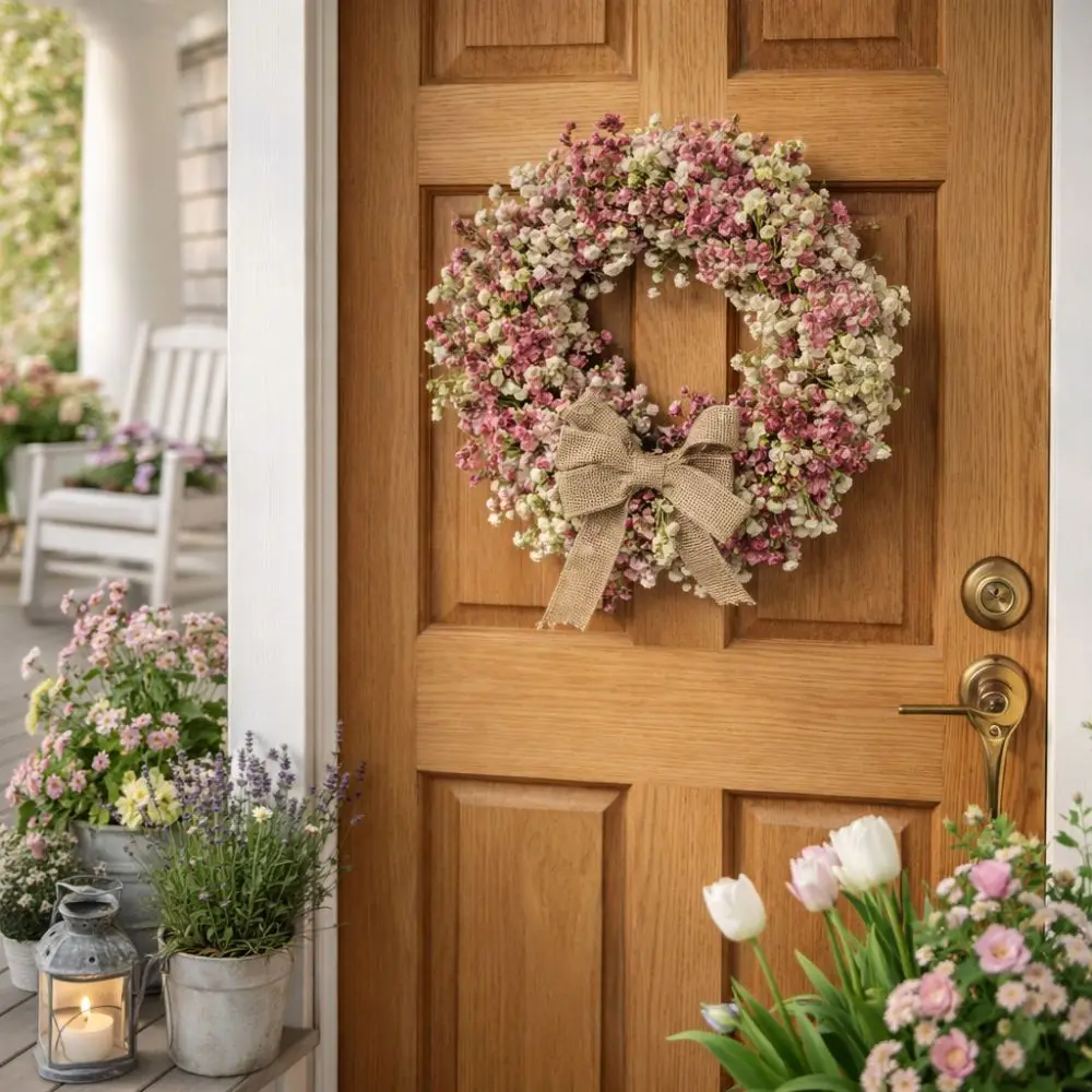

Round Shape Colorful Eucalyptus Wreath with Bow Vivid Colors Artificial Flower Wreath Lifelike Handmade Spring Flower Wreath