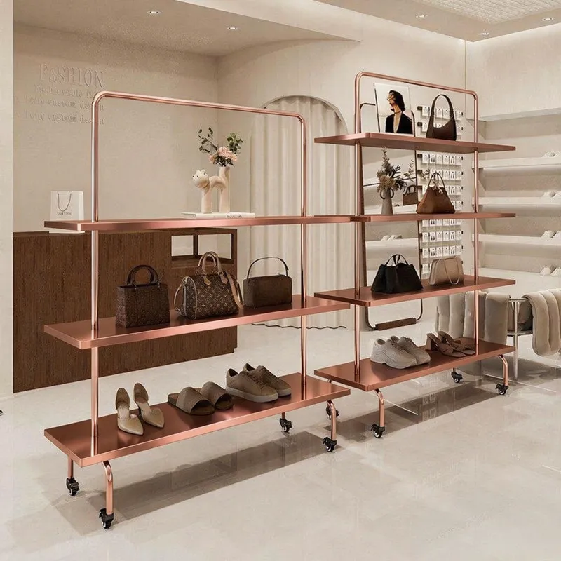 

Clothing store display rack Floor-to-ceiling stainless steel rose gold hanging clothes rack Special display rack for men's and