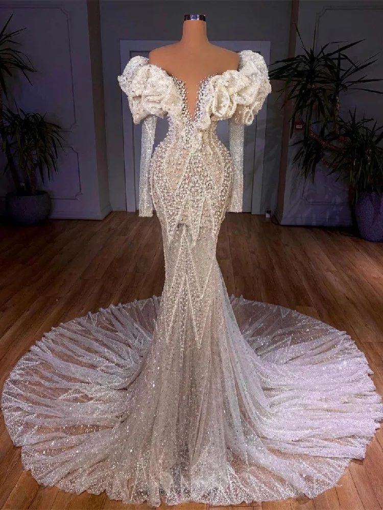 Luxury Evening Dresses V Neck Long Sleeves Lace Sexy Sequins Beaded Appliques Hollow Pearls Celebrity Prom Dresses Custom Made