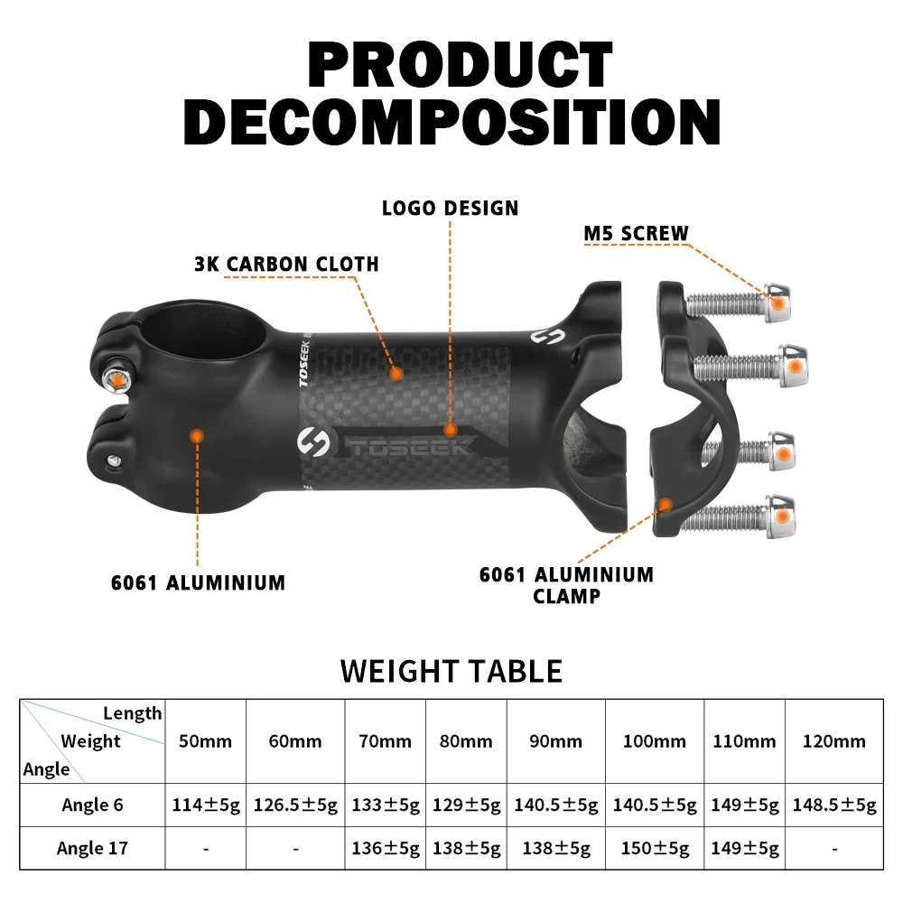 

Велосипедный вынос руля TOSEEK из алюминия и карбона, для руля 31.8 мм, совместим с вилкой 28.6 мм, 60/70/80/90/100/110/120 мм