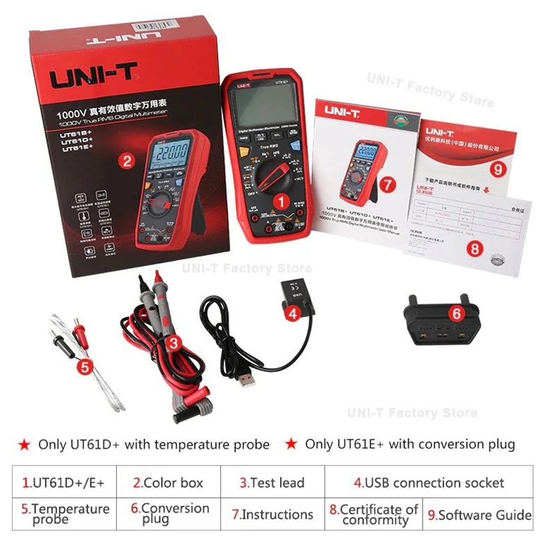 UNI-T-Analógico Multímetro, Testador Elétrico Digital, Voltímetro Profissional, UT61B, UT61D, UT61E Plus, 22000 Contagens Amperímetro