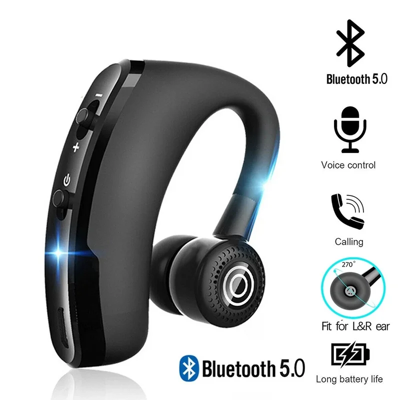 Business Wireless Earphones V9 Bluetooth Headset Single Ear Hook With Volume Button For Mobile Phone Car Office Driving Meeting