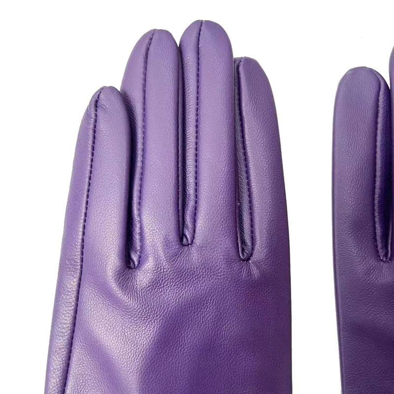 Purple Goatskin Gloves for Women Autumn Winter Vintage Ladies Real Leather Leisure Driving Outdoor Unlined Mittens Arm Warmer