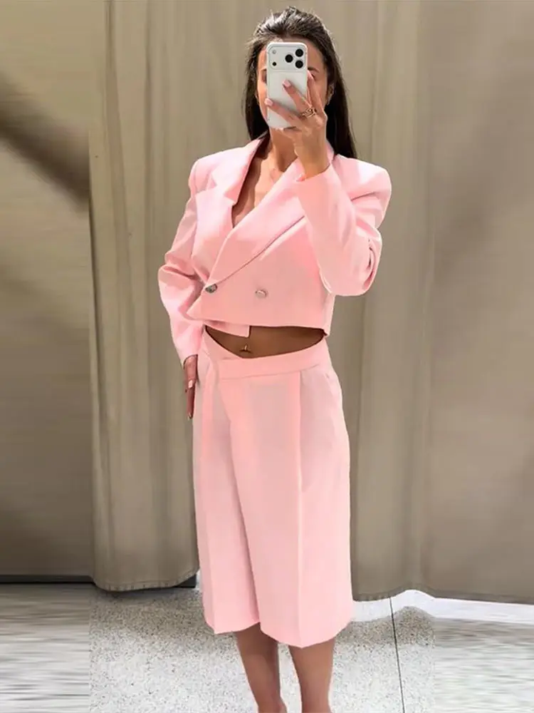 Revers-Langarm-Cropped-Anzugjacke mit Shorts für Damen – Eleganter Kurzmantel mit Knöpfen und High-Waist-Shorts – Schickes Büro-Outfit für Damen – Neu – Detail 7