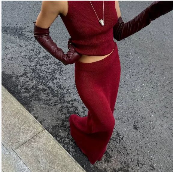 

DINADD Spring Long Skirt Two Piece Women's Elegant Knit Sleeveless Vest Top Slim Long Skirt Set Casual Female Long Skirt Set