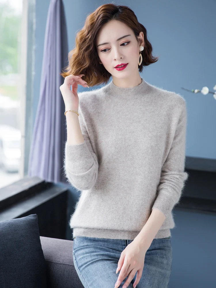 

2024 Autumn Winter Women 100% Mink Cashmere Sweater Mock Neck Casual Pullover Qulity Soft Warm Jumpers 12 Colors Knitwear Tops