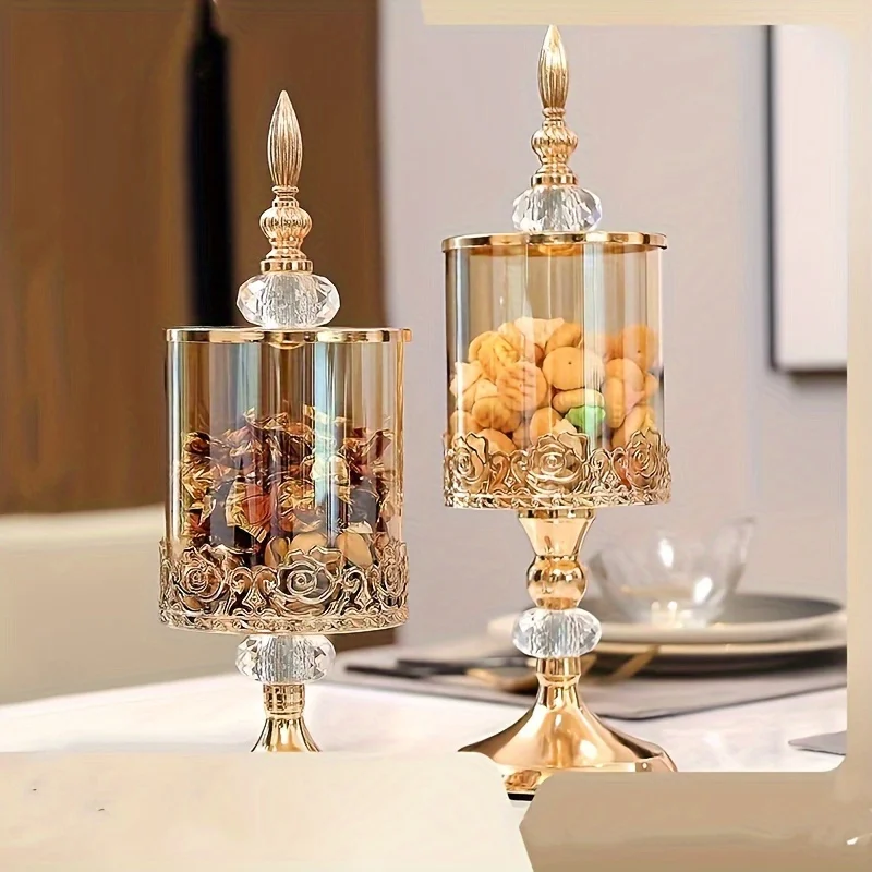 1pc Elegant Vintage European Candy Jar with Lid Transparent Metal Storage Container Living Room Storage Decoration Ornaments