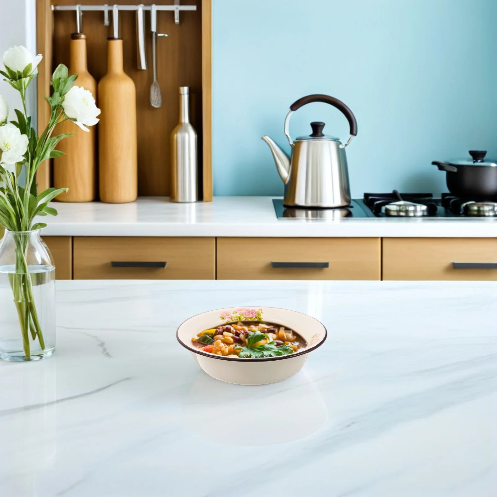 

8 Inch Vintage Enamel Bowl Thickened Deep Floral Pattern Mixing Salad Serving Ramen Soup Basin Lasagne Dish Enamel Cookware