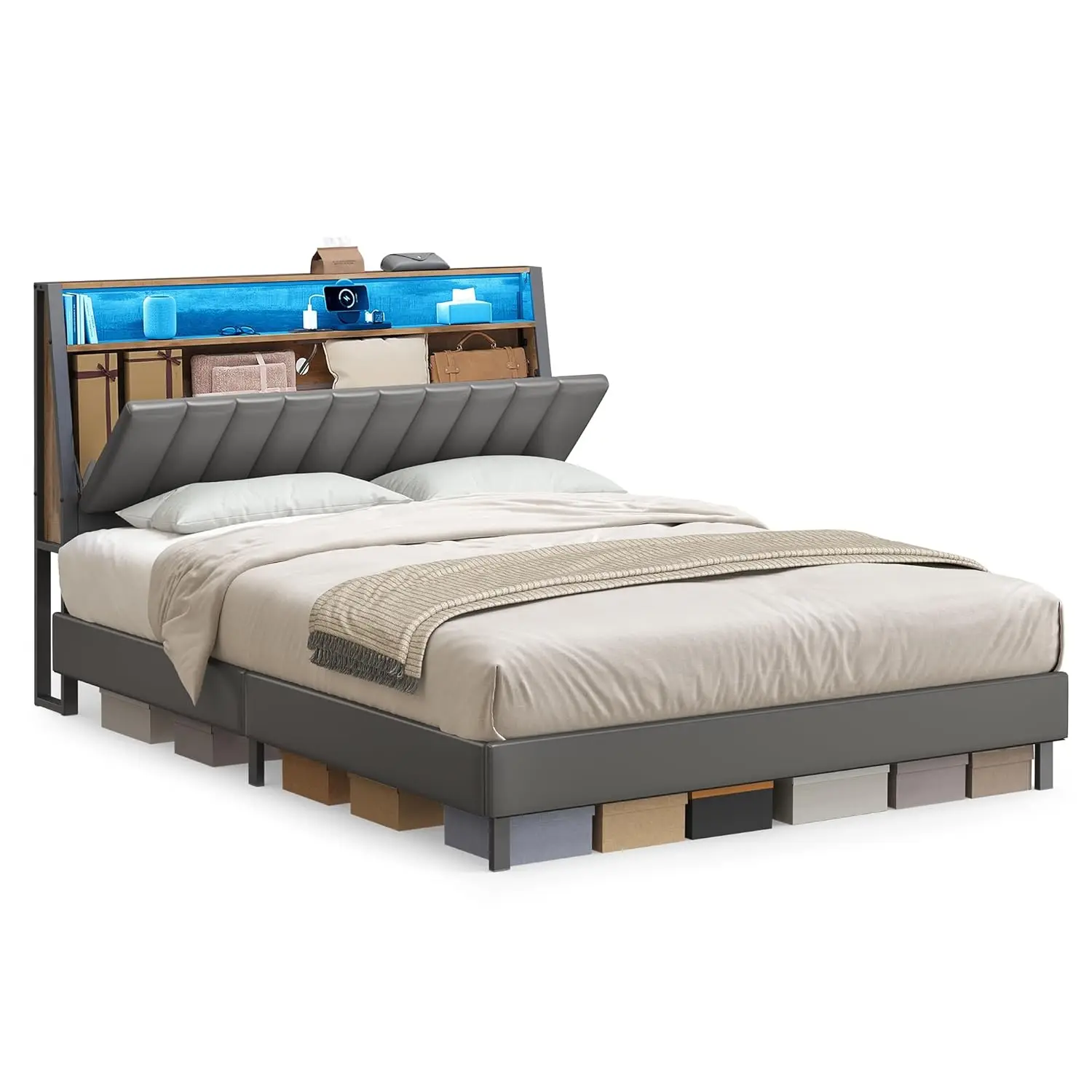 

LED Storage Bed Frame Queen Size with Charging Station 2 AC Outlets USB Type-C Ports No Box Spring Required Customized
