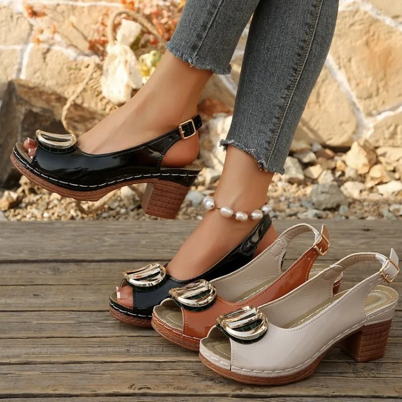 

2026 Women Slingback Block Heel Sandals Peep Toe Buckle Closure Metal Ornament Comfortable Stable Non Slip Work Commute Shoes