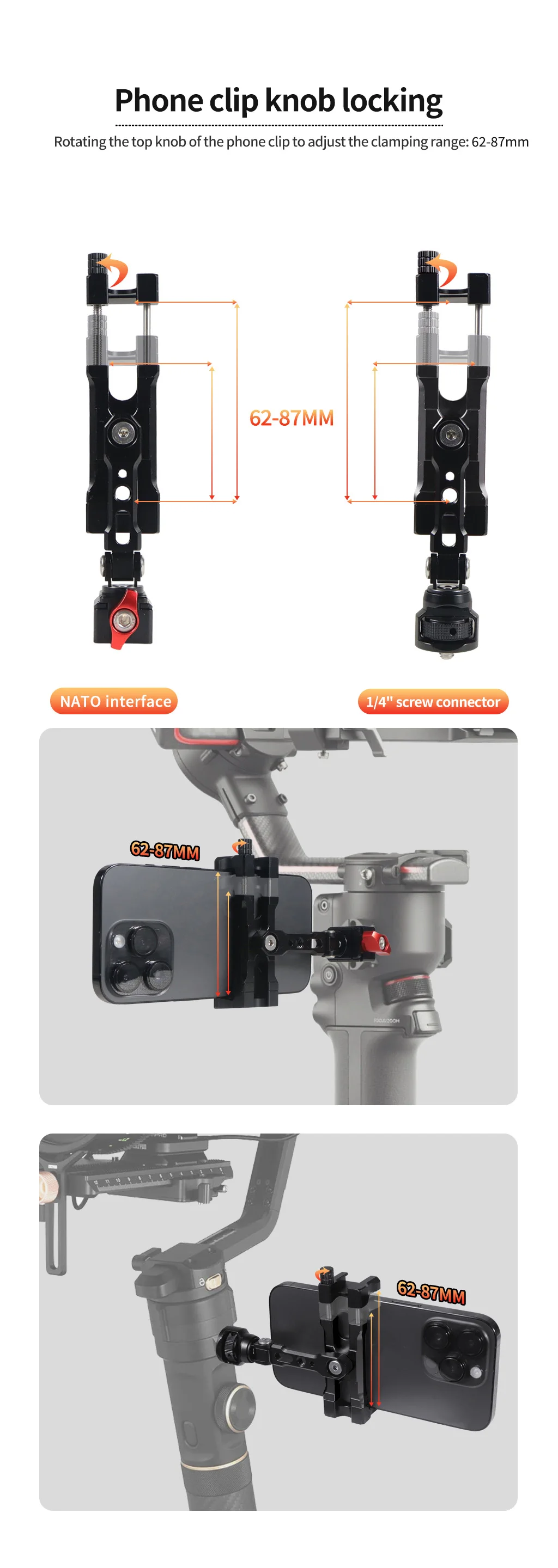 Handyhalterung mit NATO-Schienenklemme, 1/4-Zoll-Schraube, Cold Shoe Mount, vertikaler Aufnahmehalter für RS3 Mini Fill Light Halterung – Detail 4