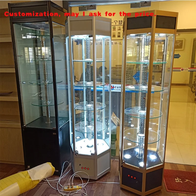custom.Hexagonal Rotating Jewelry Store Display Smoke Shop Glass Display Cases Cabinet with Glass Optical Showcase Jewelry Stand