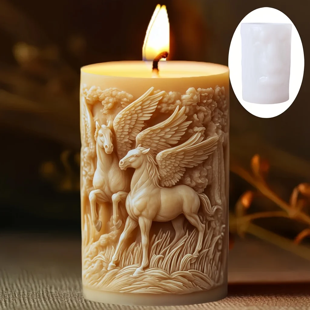 

Wing horse relief cylindrical candle silicone mold Running wing horse sculpture cylindrical resin mold Gypsum mold