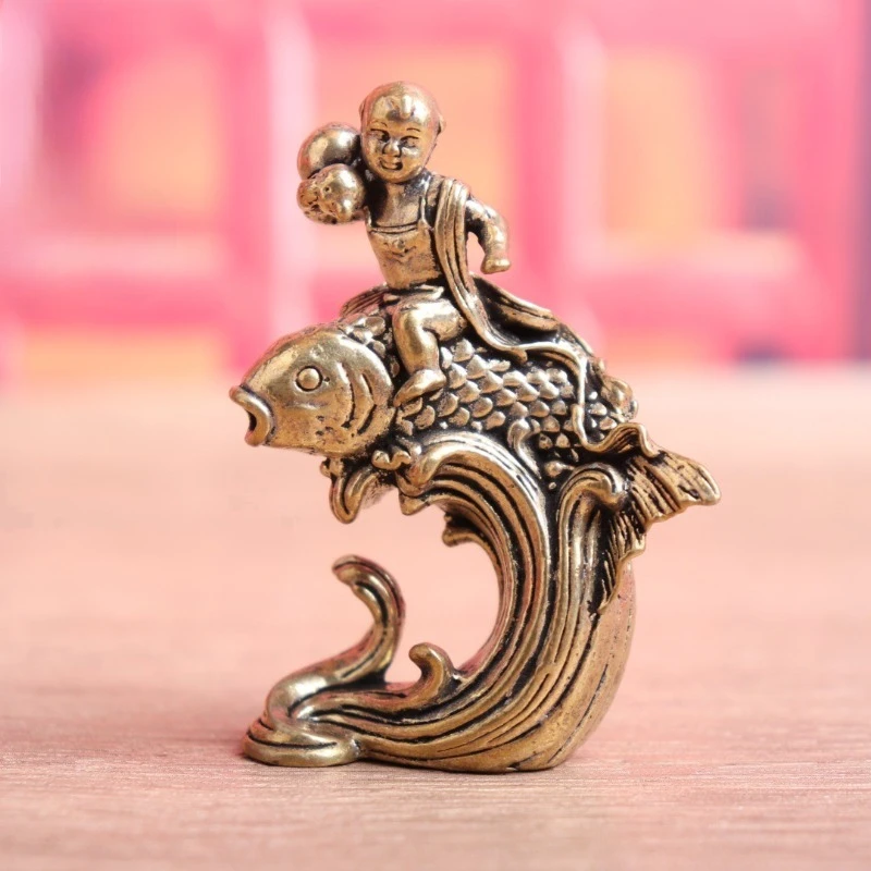 1 PC Creative Pure Brass Carp Boy Figurine Retro Vintage Decor Carp Leaping Over Dragon Gate Office Desk Tea Pet Craft Ornament
