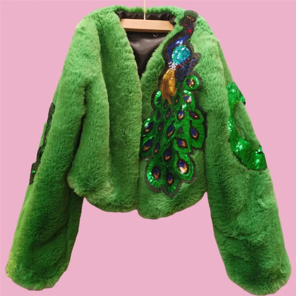 Casaco de cabelo de coelho verde pavão feminino, casaco espesso de algodão, jaqueta superior, clipe curto, moda inverno, novo, 2023