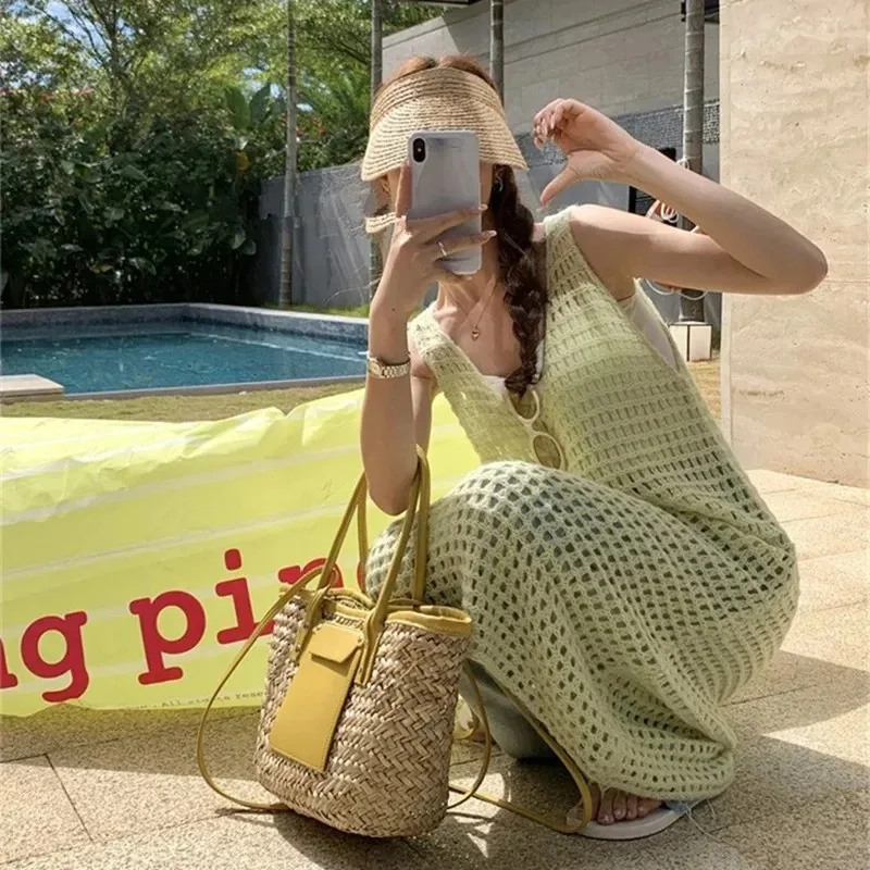 Spring Summer Knitted Vest Dress Women's Mid-Length Pure Color Design Sensation Hollow out Layering Dress Sleeveless Gown - Image 5