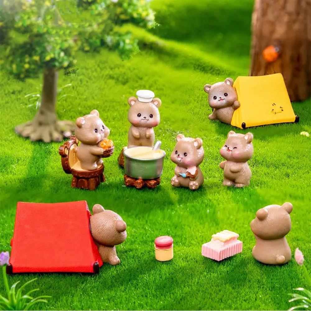 Resin Camping Tiny Brown Bear Statue Crafts Kids Toy Miniature Cartoon Bear Figurines Mini Animals Scene Model Home Decoration