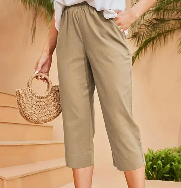 2026 Spring/Summer New Women's Fashion High Waist Solid Color Casual Pants Elastic Commuter Seven Quarter Pants Women's Wear