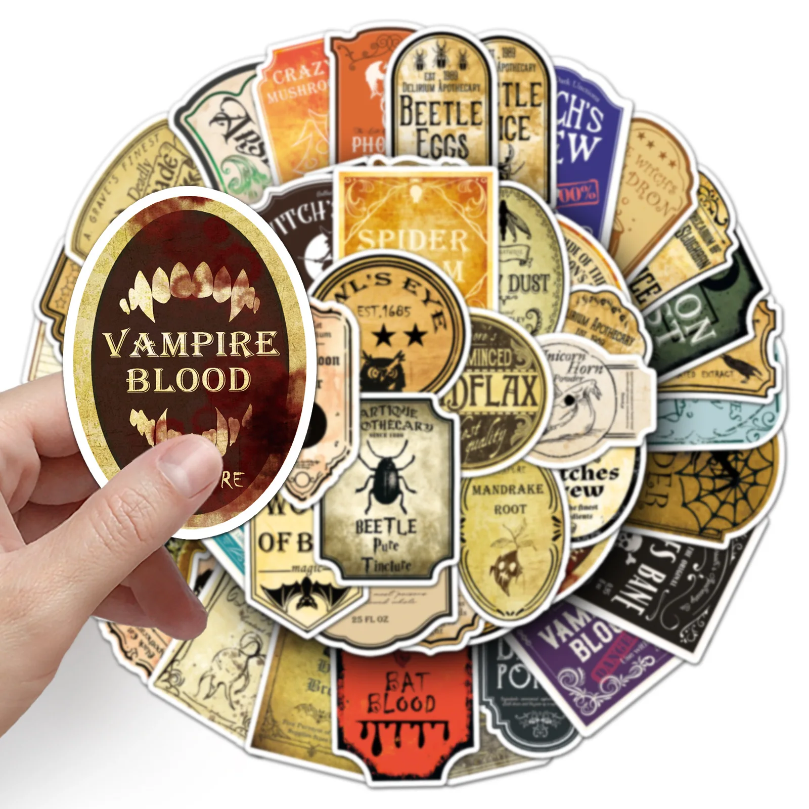 50PCS 마법 물약 만화 스티커 레트로 스타일 그래피티 고딕 장식 DIY 장난감 냉장고 노트북 기타 자전거 스케이트보드 데칼