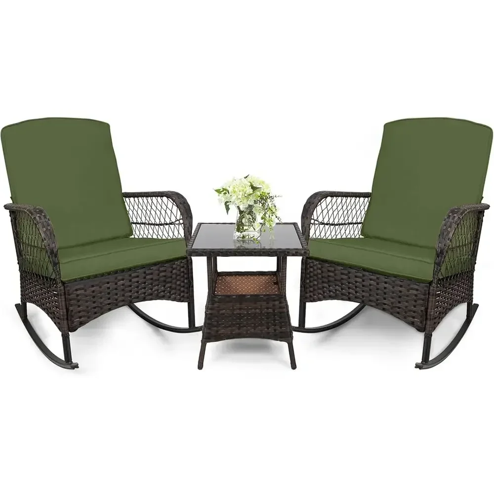 Outdoor Rocking Bistro Set with 3 PE Wicker Chairs and Glass Table in Army Green for Patio, Lawn, Garden, or Deck