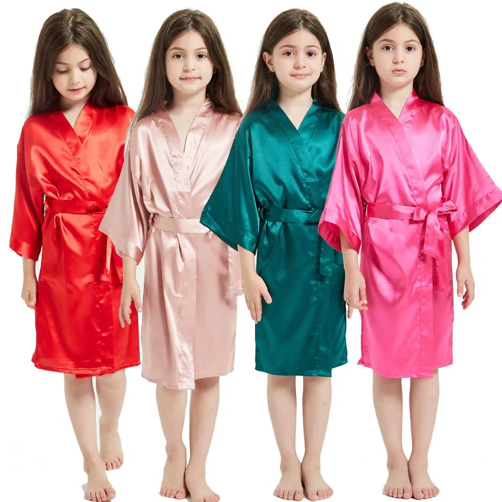 Flower Girl Satin Robe Bath Party Pink Children Silk Kimono Robes Solid Toddler Kids Pajamas for Spa Wedding Birthday Nightgown