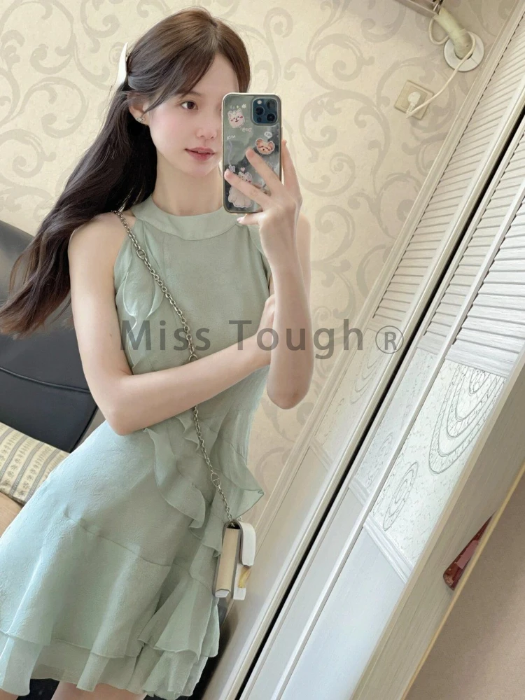 French Elegant Off Shoulder Party Dress Female Summer Hanging Neck Fairy Short Dresses Korean Fashion Ruffled Casual Clothes