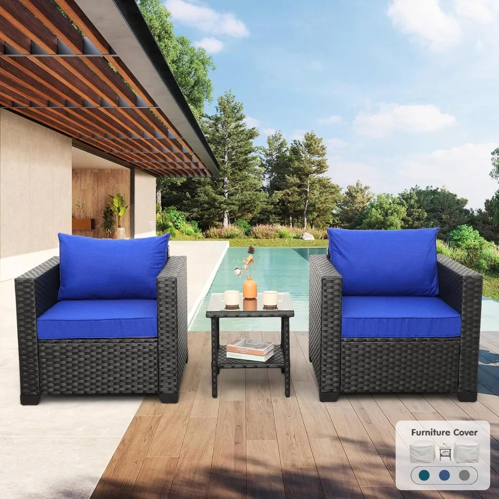 

3 Piece Patio Set Wicker Patio Furniture Patio Conversation Sets Outdoor Chairs and Glass Side Table Balcony Furniture with Non-