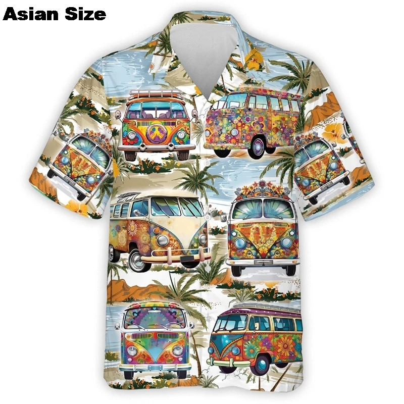 남성용 다채로운 히피 버스 자동차, 부드럽고 통기성 있는 가슴 포켓, 캐주얼 하와이안 셔츠, 단추 상의, 평화와 사랑 프린트, 여름