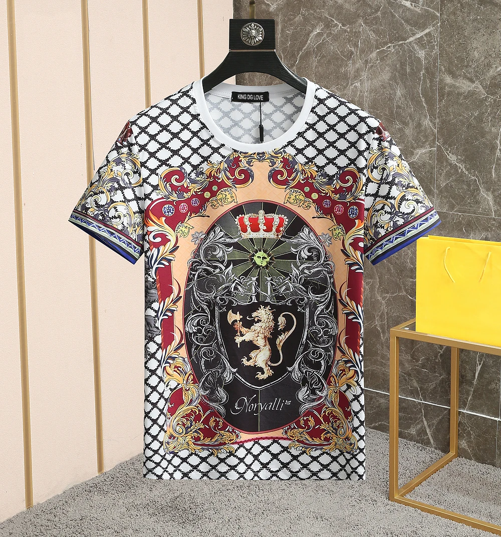 Summer 2024 New Crown and flowers Print T-shirt Men Fashion Casual 100% Cotton Plus Size Tops High Quality 85399