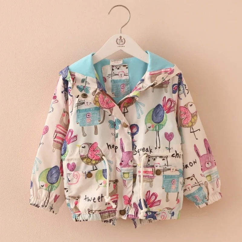 2024 Fashion Korea Style Spring Autumn 2 3 4 6 8 10 Years Children Long Sleeve Cartoon Print Baby Kids Girls Hooded Jacket