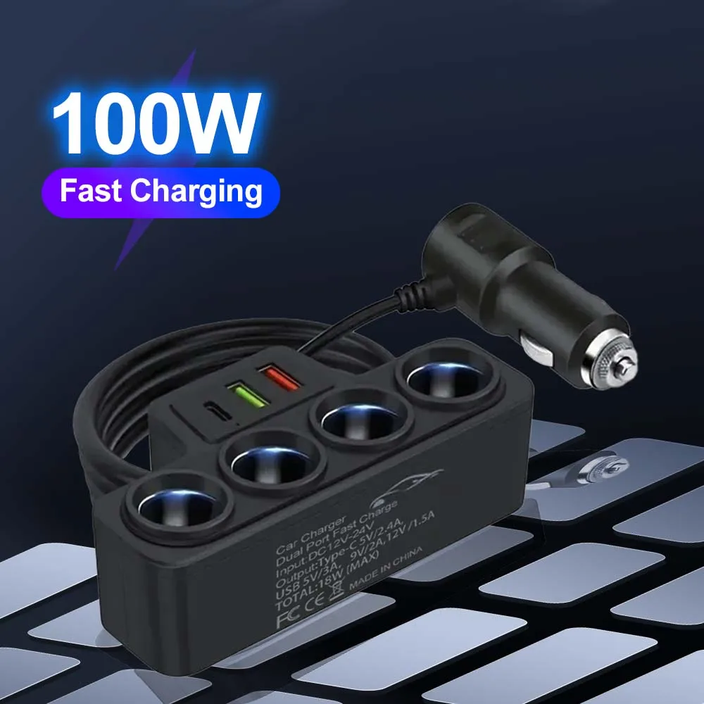 

Автомобильная вилка, разветвитель прикуривателя, 3 USB-розетки QC3.0 PD 3.1A, 100 Вт, вилка быстрого зарядного устройства, USB-адаптер для зарядного устройства для телефона
