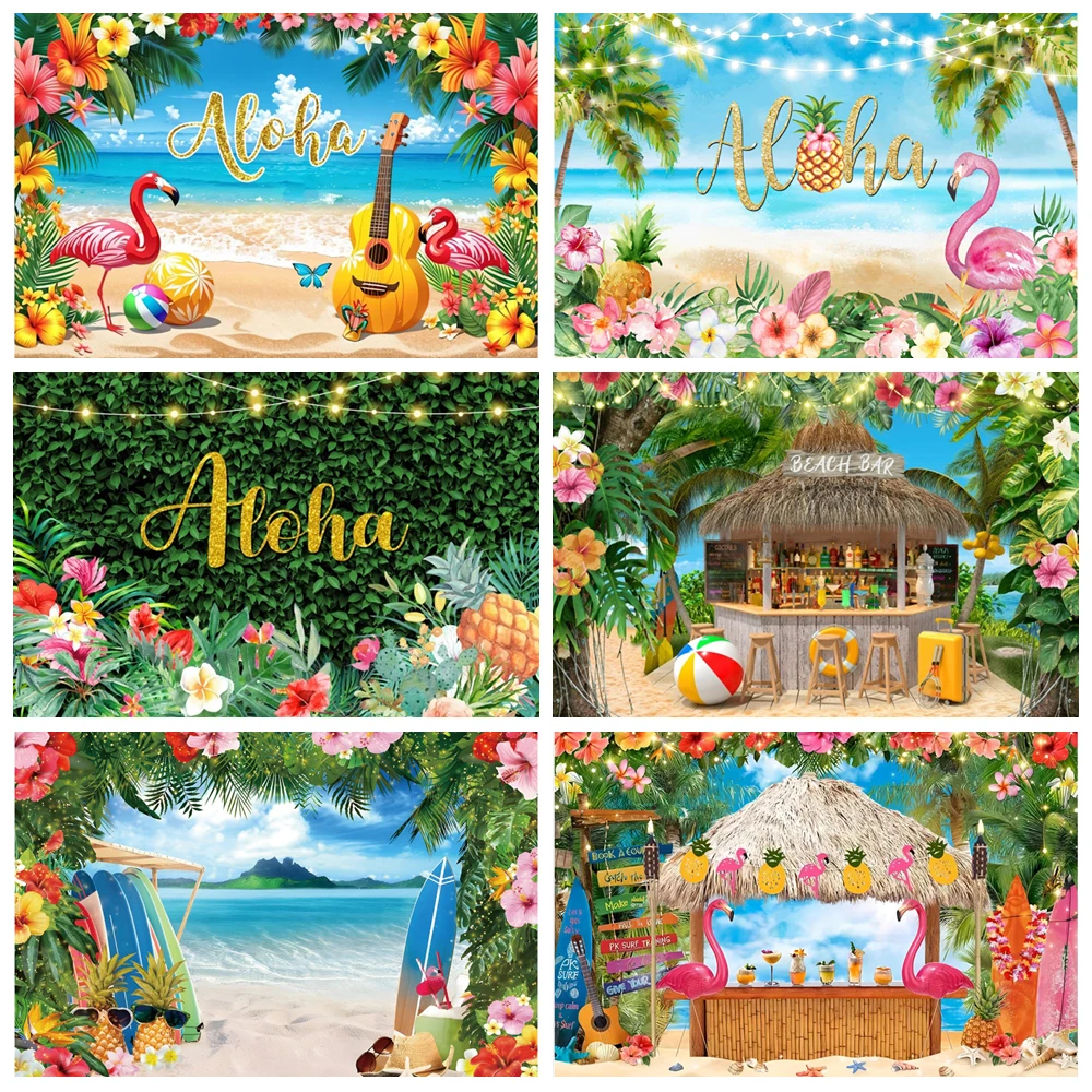 

Summer Hawaii Beach Backdrop Tropical Flowers Aloha Luau Sea Surfboard Holiday Party Birthday Photography Background Decor Props