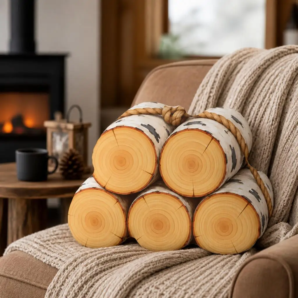 Birch Log Bundle Throw Pillow Rustic Cabin Cushion Shaped Stuffed Floor Pillow Woodland Sofa Home Decor Gift Lodge Accent