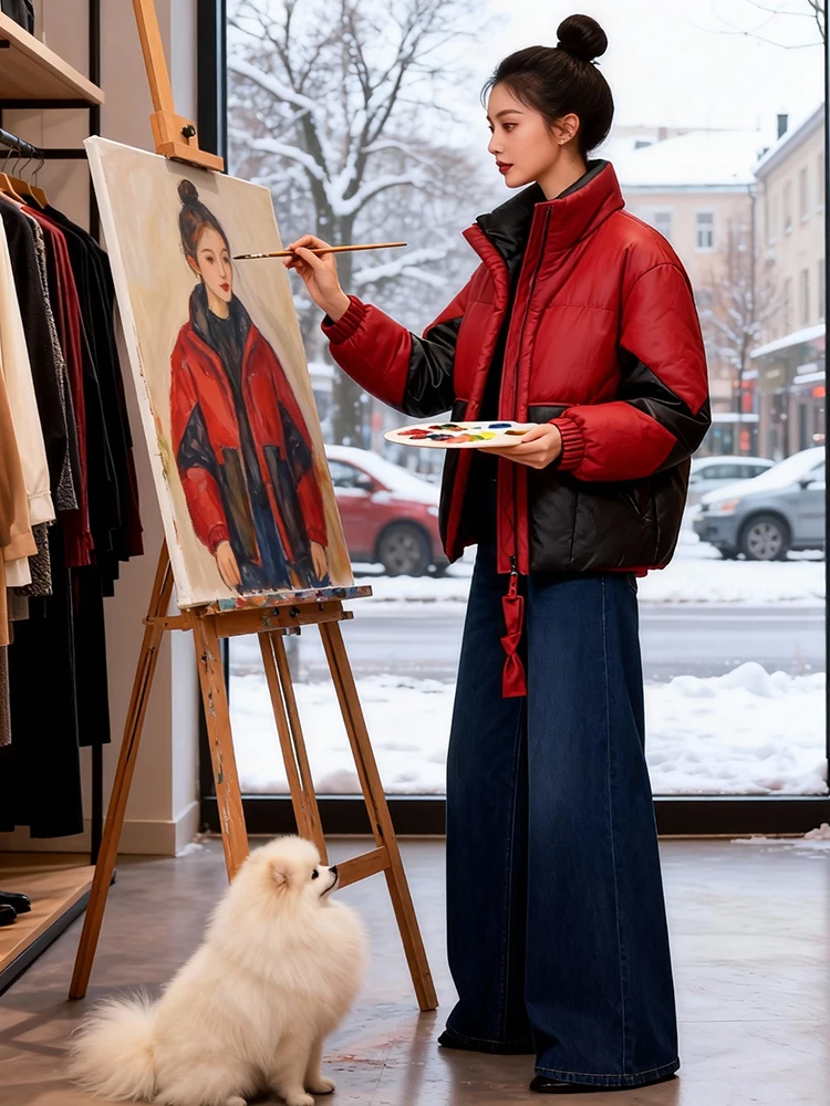 

Thiened Winter ort Jaet Women's Faionable Quilted Cotton Puffer Coat with Fce Inner High-End Sle Commu...