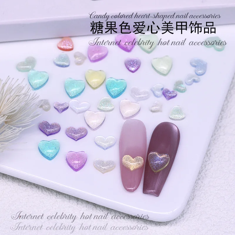 50 個 4-8 ミリメートル半透明 3D アクリルラブハートネイルアートチャームアクセサリーマニキュア装飾グリッター爪装飾用品