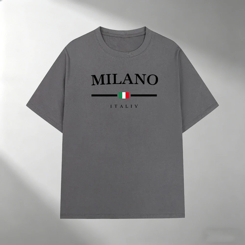 Herren Reines Baumwoll-T-Shirt MILANO Italien Flaggen-Print Kurzarm-Oberteil Lässiger Streetwear Minimalistischer Stil Locker Sitzend Tägliches Herren-Sommer-Tee-Shirt – Detail 8