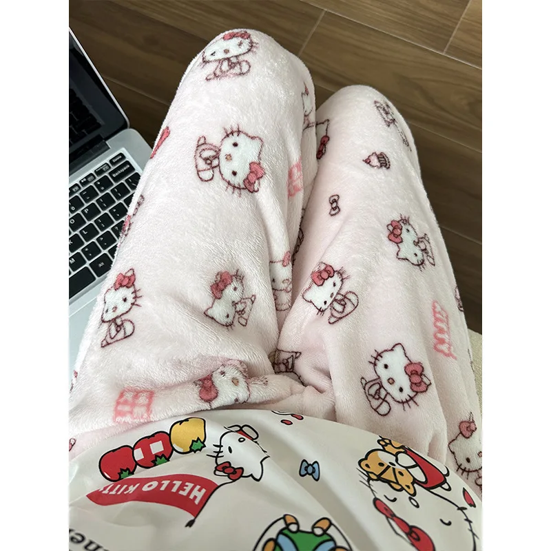 Halloween Hello Kitty Flannel Sleeping Pants For Women In Autumn And Winter, New Coral Fleece Thickened Warm Casual Home Pants images - 6