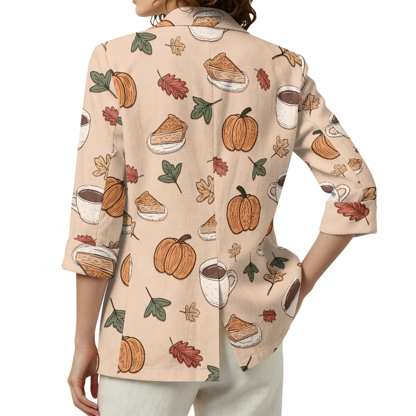 PENSTROLL Pumpkin Coffee Theme Linen Like Open Front Blouse Lightweight Thin Coat for Women S-3XL