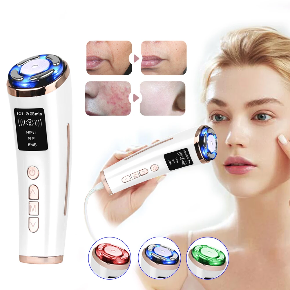 Ultrasound High Frequency Face Skin Lifting Rejuvenation Red/Blue Light Theory EMS Firming Facial Tightening Massager Device