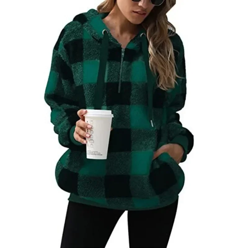 Vintage Plaid Women Velvet Fleece Hoodie Warm Plush Hooded Sweatshirts Loose Zip Up Harajuku Hoodie Women's Baggy Sudaderas Y2k