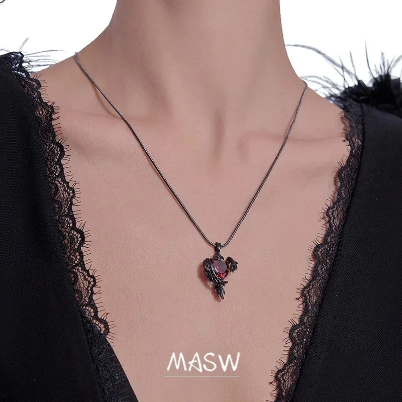 

MASW Original Design Hiphop Cool Hot Girl Style Red Crystal Black Bird Pendant Necklace For Women Party Gift Trendy Jewelry