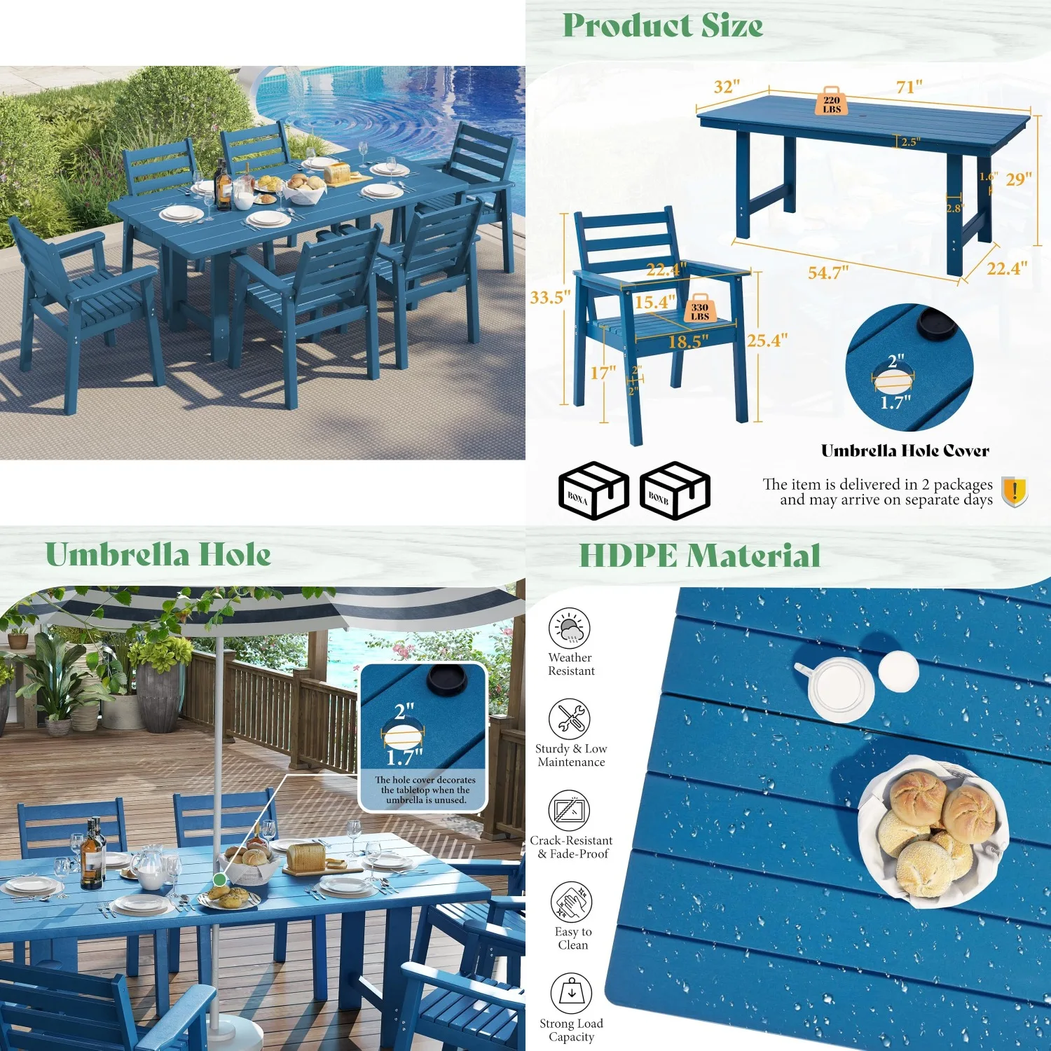 

7-Piece HDPE Outdoor Dining Set 71in Table 6 Chairs Umbrella Hole Patio Garden Backyard Poolside Customized
